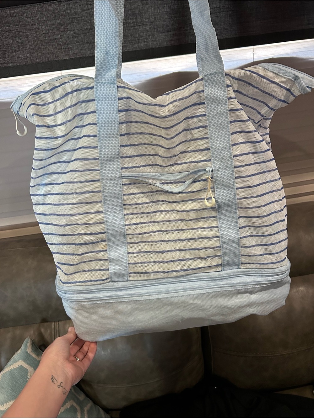 Target Light Blue and White Striped Tote with Bottom Compartment